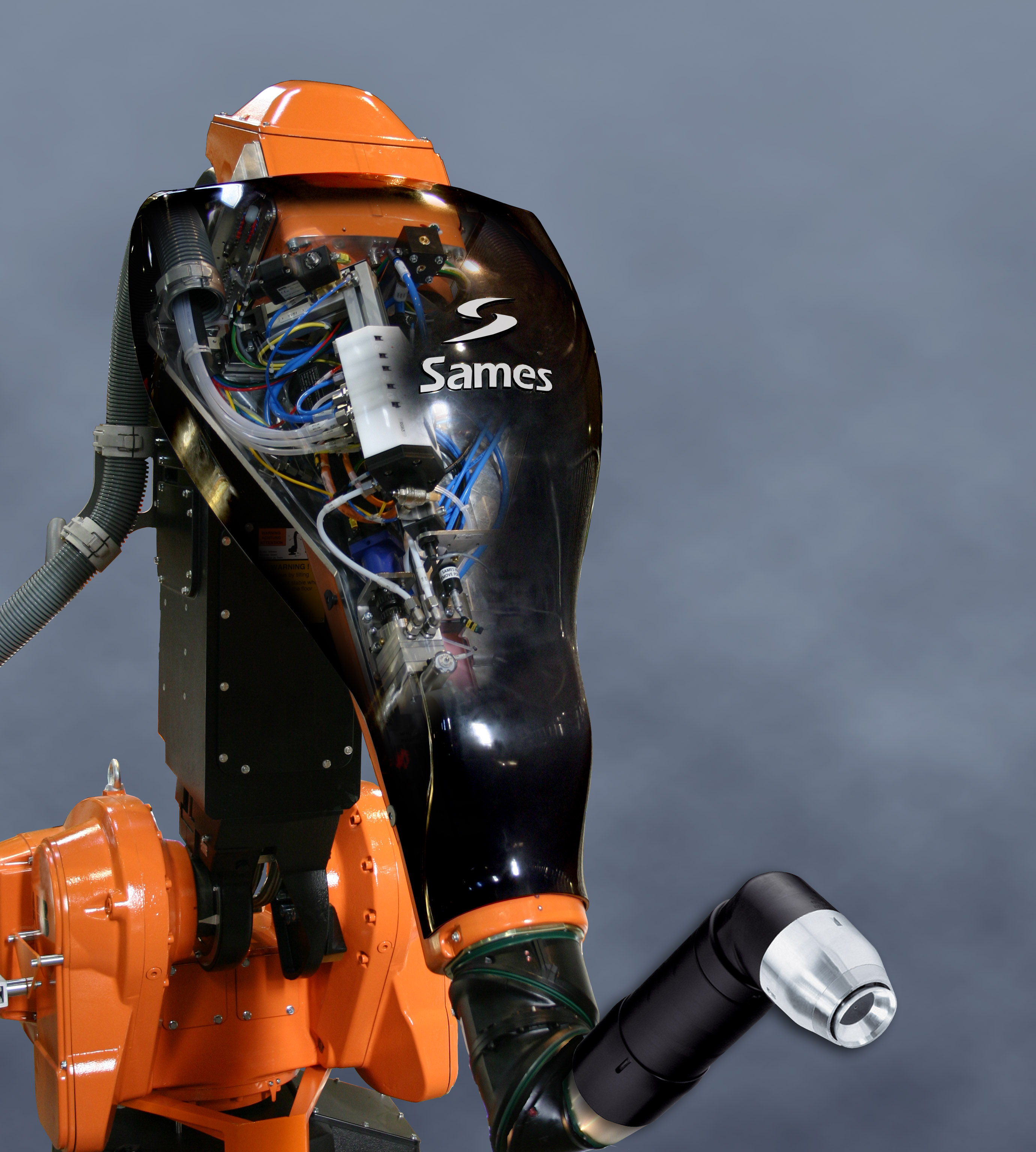 ABB painting robot with Sames rotary bell atomizer and protective capot installed